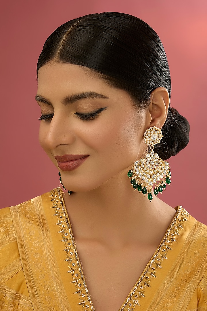 Gold Finish Zircon & Green Stone Chandbali Earrings by Auraa Trends at Pernia's Pop Up Shop