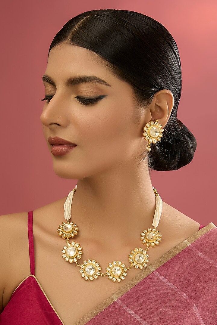 Gold Finish Floral Kundan Polki & Pearl Choker Necklace Set by Aura Trends at Pernia's Pop Up Shop