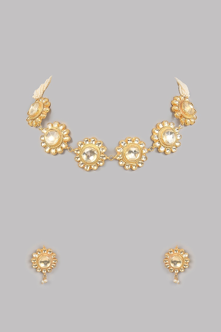 Gold Finish Floral Kundan Polki & Pearl Choker Necklace Set by Aura Trends at Pernia's Pop Up Shop