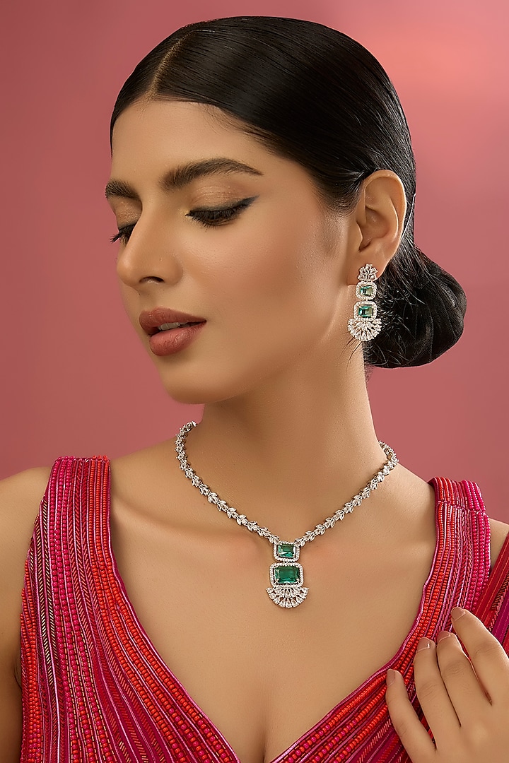 White Finish Kundan Polki & Green Stone Floral Pendant Necklace Set by Auraa Trends at Pernia's Pop Up Shop