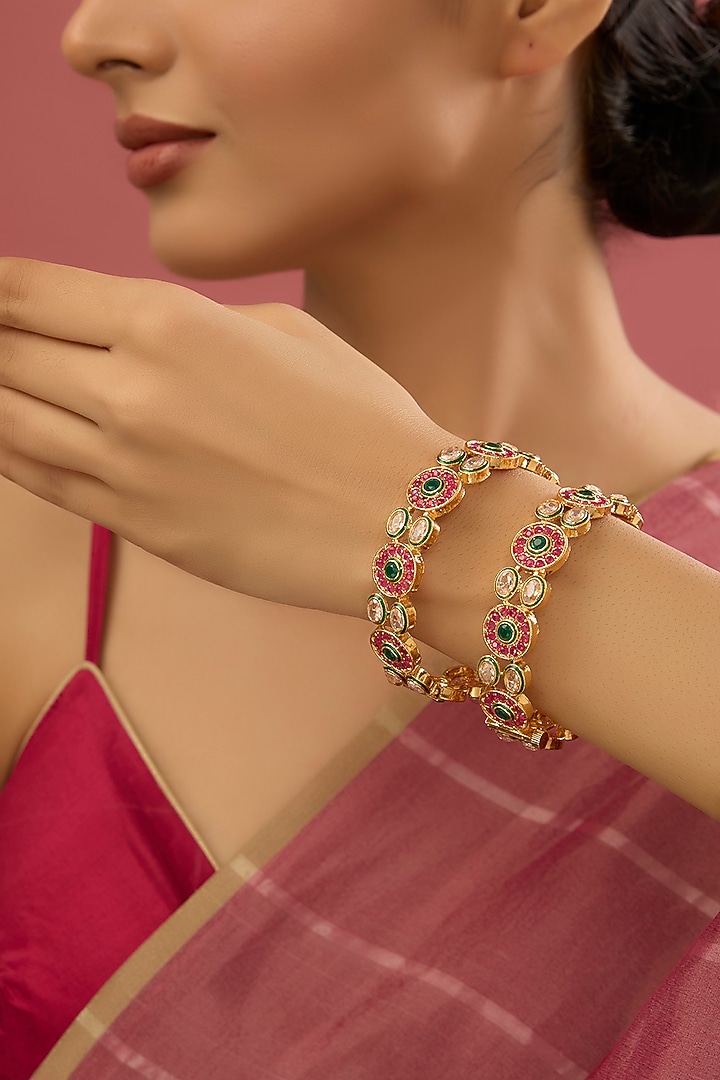 Gold Finish Multi-Colored Kundan Polki Bangles (Set of 2) by Auraa Trends at Pernia's Pop Up Shop