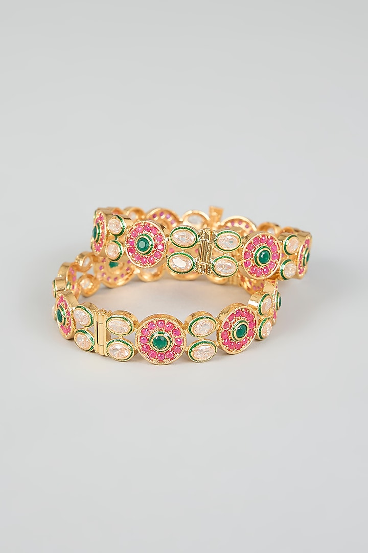 Gold Finish Multi-Colored Kundan Polki Bangles (Set of 2) by Aura Trends at Pernia's Pop Up Shop