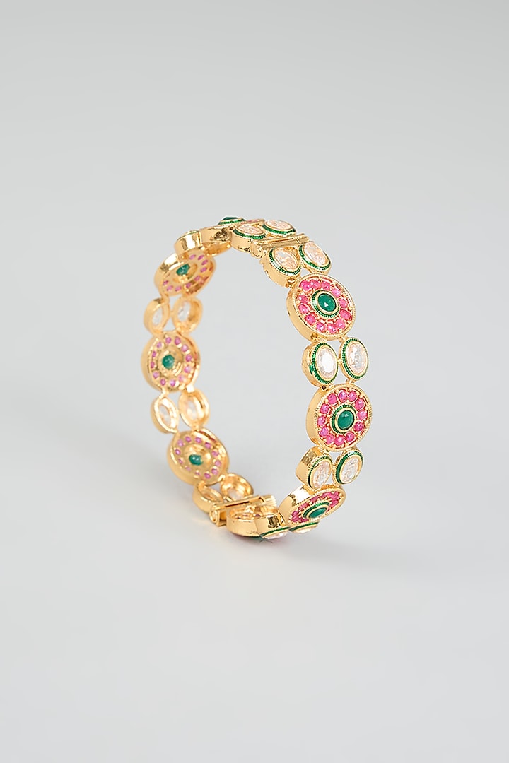Gold Finish Multi-Colored Kundan Polki Bangles (Set of 2) by Aura Trends at Pernia's Pop Up Shop
