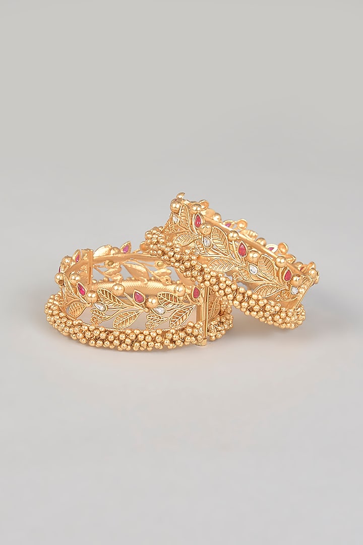 Gold Finish Pearl & Kundan Polki Bangles (Set of 2) by Aura Trends at Pernia's Pop Up Shop