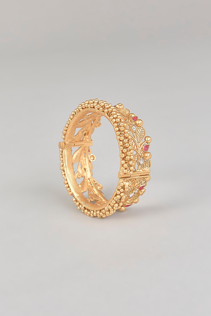 Gold Finish Pearl & Kundan Polki Bangles (Set of 2) by Aura Trends at Pernia's Pop Up Shop