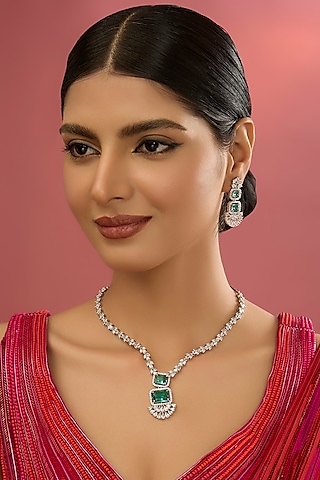 White Finish Zircon & Green Stone Necklace Set by Aura Trends