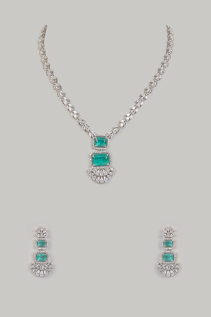 White Finish Zircon & Green Stone Necklace Set by Aura Trends at Pernia's Pop Up Shop