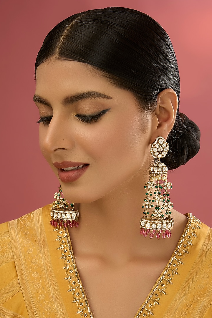 Gold Finish Green Kundan Polki & Pearl Dangler Earrings by Aura Trends at Pernia's Pop Up Shop