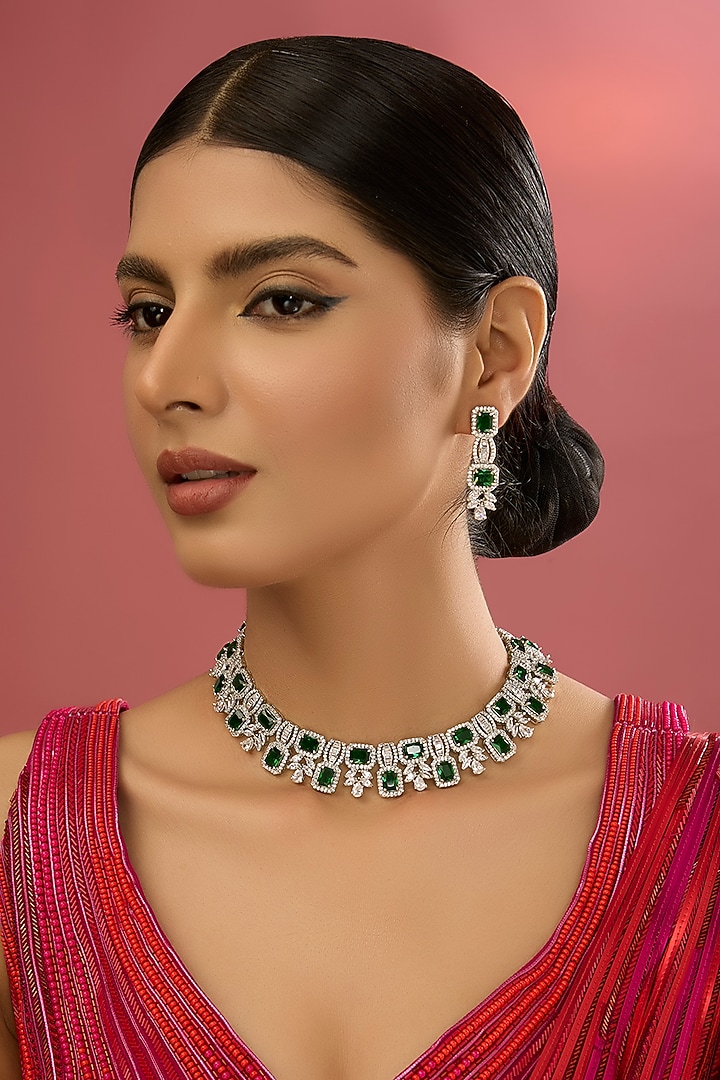 White Finish Kundan Polki & Green Stone Necklace Set by Aura Trends at Pernia's Pop Up Shop