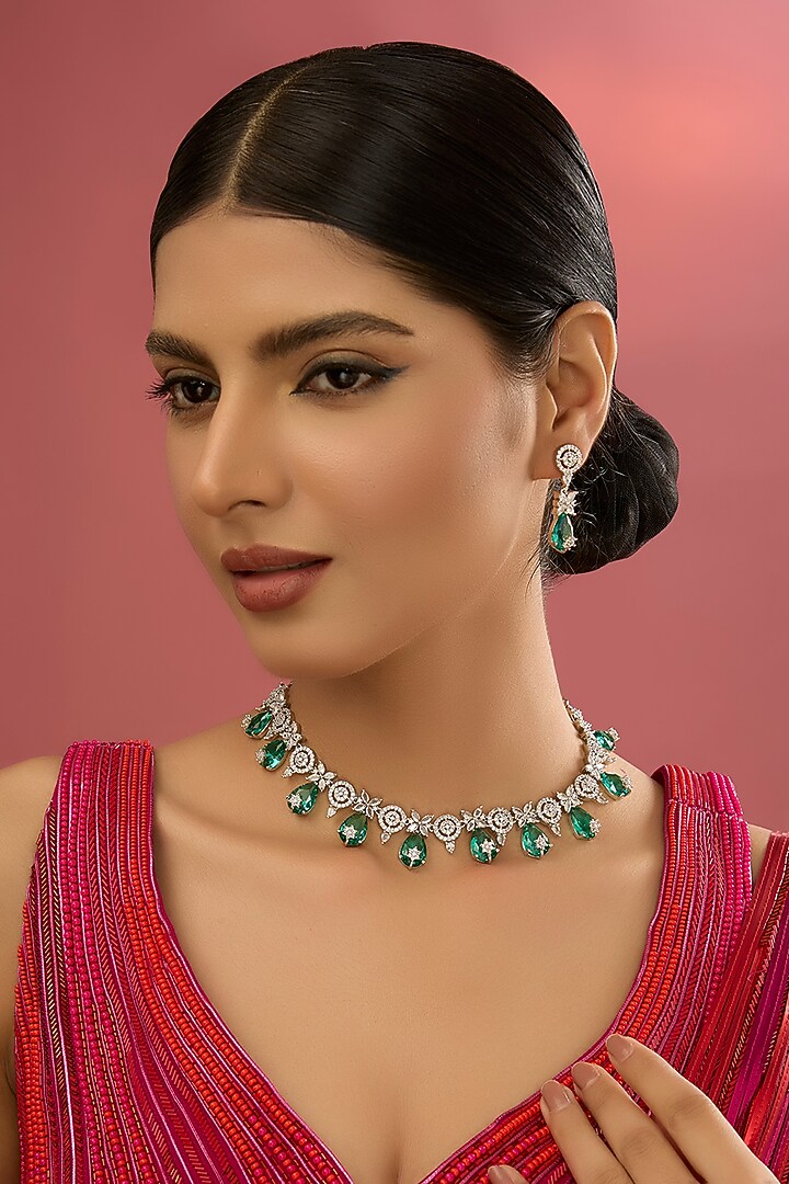 White Finish Green Pearl & Kundan Polki Necklace Set by Aura Trends at Pernia's Pop Up Shop