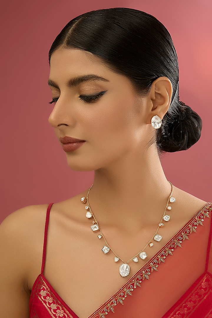 Gold Plated Kundan Polki & White Stone Necklace Set by Aura Trends at Pernia's Pop Up Shop