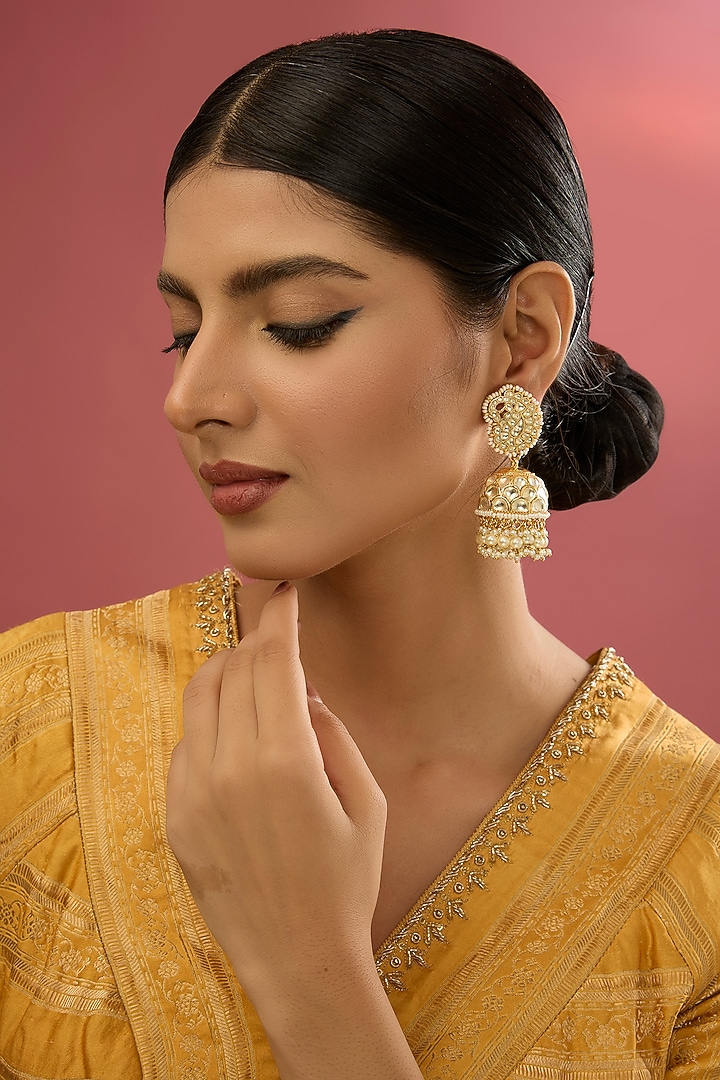 Gold Finish American Diamond & Zircon Jhumka Earrings by Auraa Trends at Pernia's Pop Up Shop