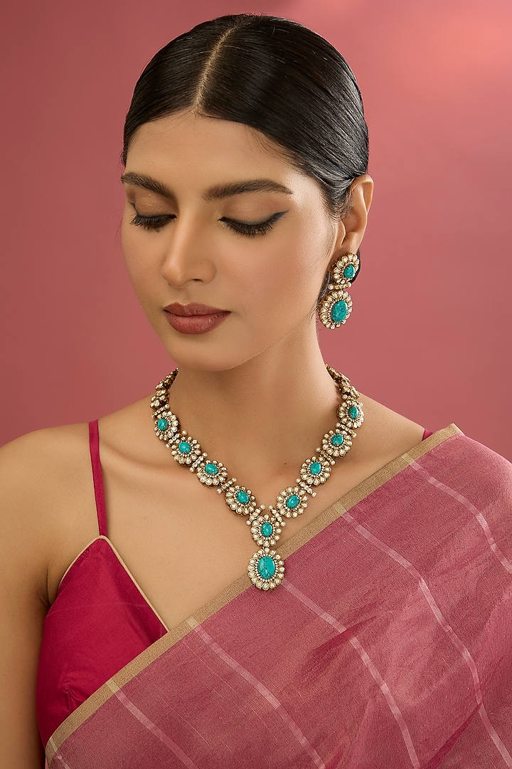 Gold Plated Kundan Polki & Green Stone Necklace Set by Aura Trends at Pernia's Pop Up Shop