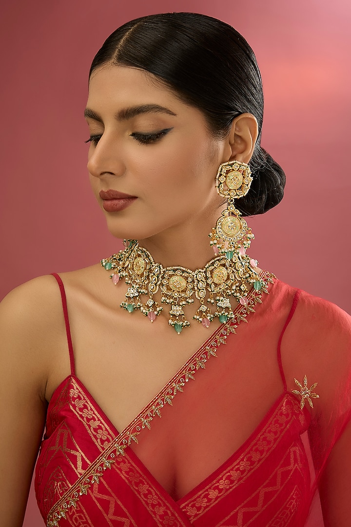 Gold Plated Kundan Polki & Green Stone Necklace Set by Aura Trends at Pernia's Pop Up Shop