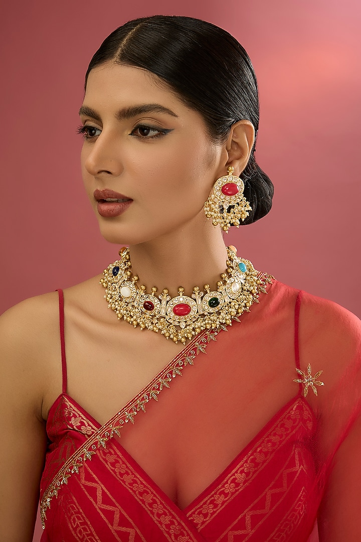 Gold Plated Kundan Polki & Multi-Colored Stone Necklace Set by Aura Trends at Pernia's Pop Up Shop