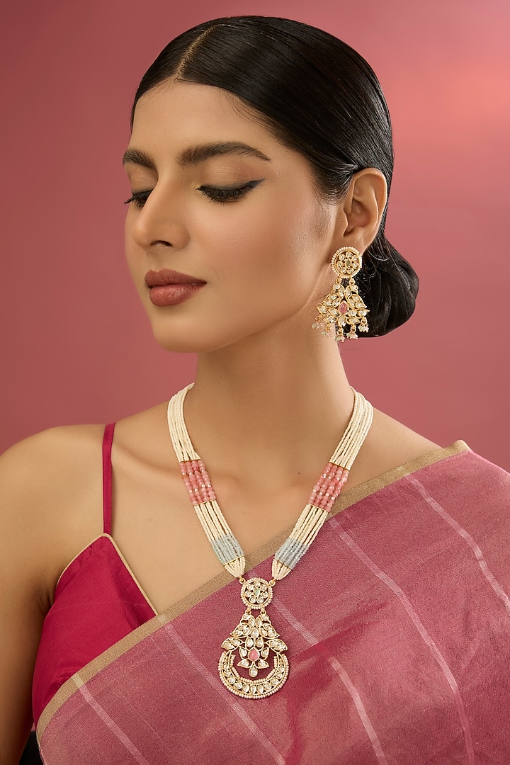 Gold Plated Kundan Polki & Pink Stone Necklace Set by Aura Trends at Pernia's Pop Up Shop