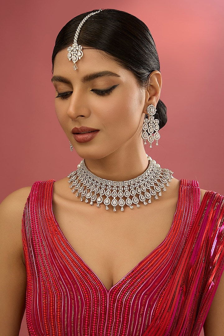 White Rhodium Finish American Diamond & Zircon Necklace Set by Auraa Trends at Pernia's Pop Up Shop