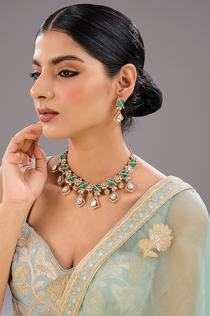 Gold Finish Kundan Polki & Green Zircon Necklace Set by Auraa Trends at Pernia's Pop Up Shop