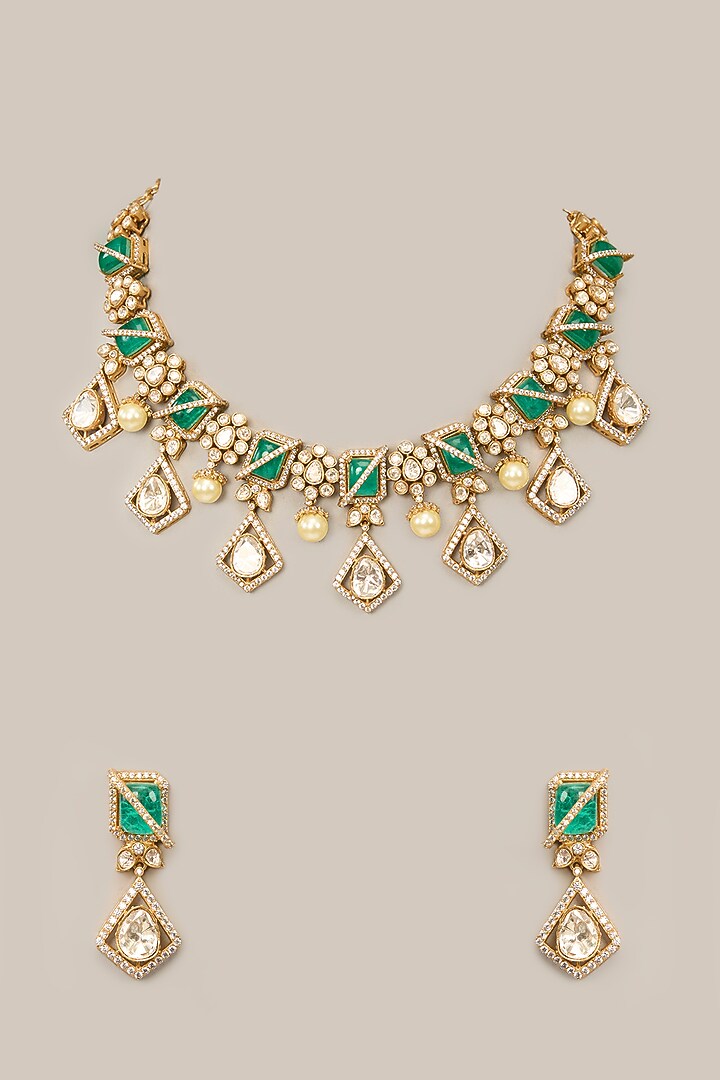 Gold Finish Kundan Polki & Green Zircon Necklace Set by Aura Trends at Pernia's Pop Up Shop