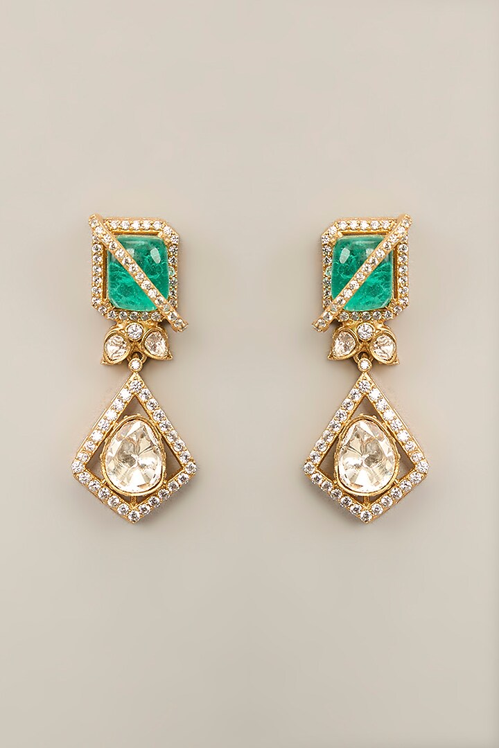 Gold Finish Kundan Polki & Green Zircon Necklace Set by Aura Trends at Pernia's Pop Up Shop