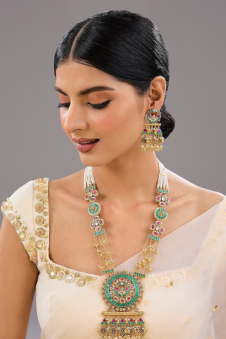 Gold Finish Kundan Polki & Green Beaded Necklace Set by Auraa Trends at Pernia's Pop Up Shop