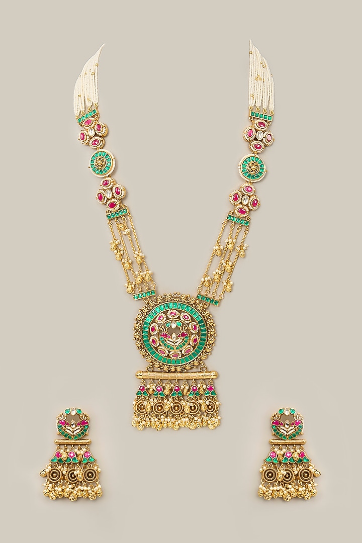 Gold Finish Kundan Polki & Green Beaded Necklace Set by Aura Trends at Pernia's Pop Up Shop