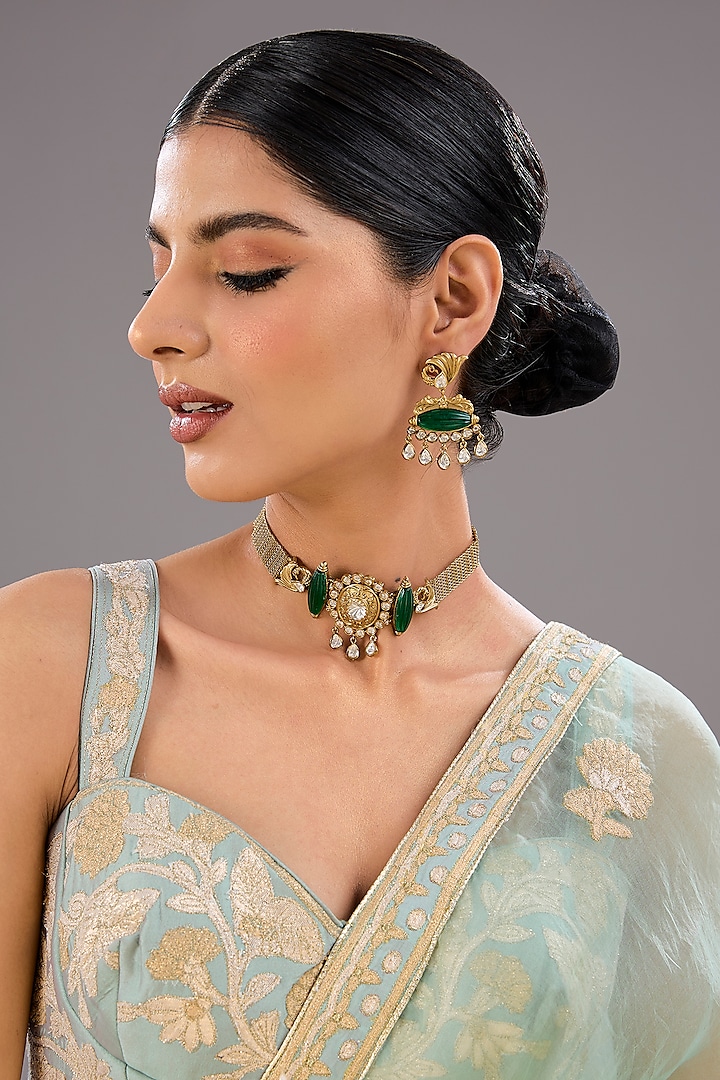 Gold Finish Green Kundan Polki & Pearl Necklace Set by Auraa Trends at Pernia's Pop Up Shop