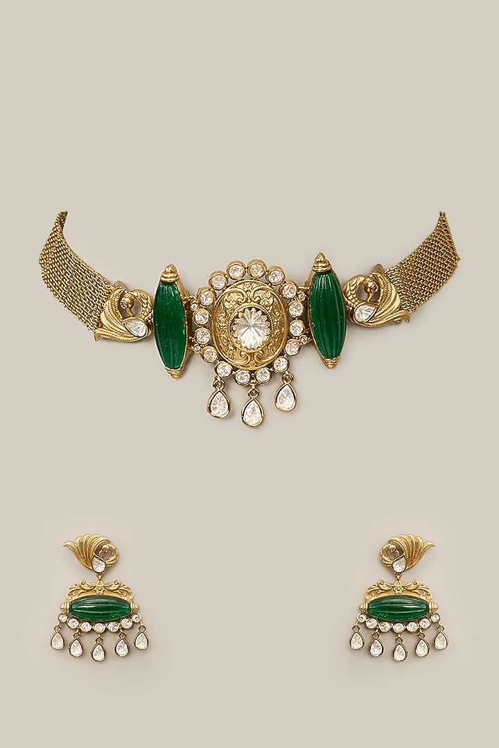 Gold Finish Green Kundan Polki & Pearl Necklace Set by Aura Trends at Pernia's Pop Up Shop