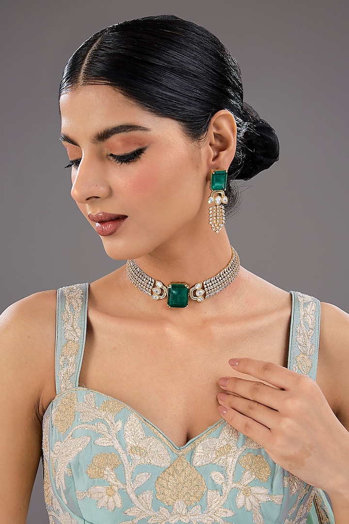 Gold Plated Kundan Polki & Green Stone Handcrafted Necklace Set by Auraa Trends at Pernia's Pop Up Shop