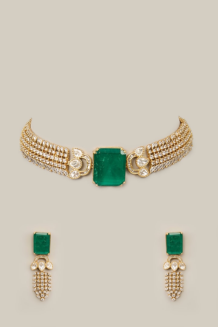 Gold Plated Kundan Polki & Green Stone Handcrafted Necklace Set by Aura Trends at Pernia's Pop Up Shop