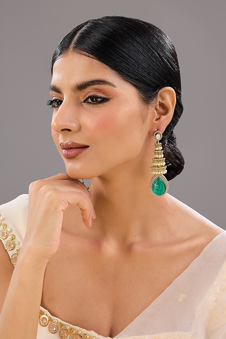 Gold Finish Zircon & Emerald Stone Dangler Earrings by Auraa Trends at Pernia's Pop Up Shop