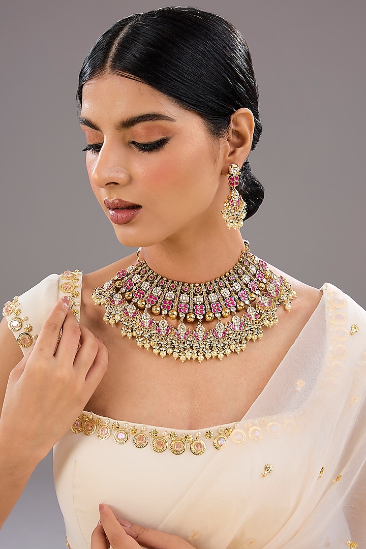 Gold Finish Multi-Colored Kundan Polki & Crystal Necklace Set by Auraa Trends at Pernia's Pop Up Shop