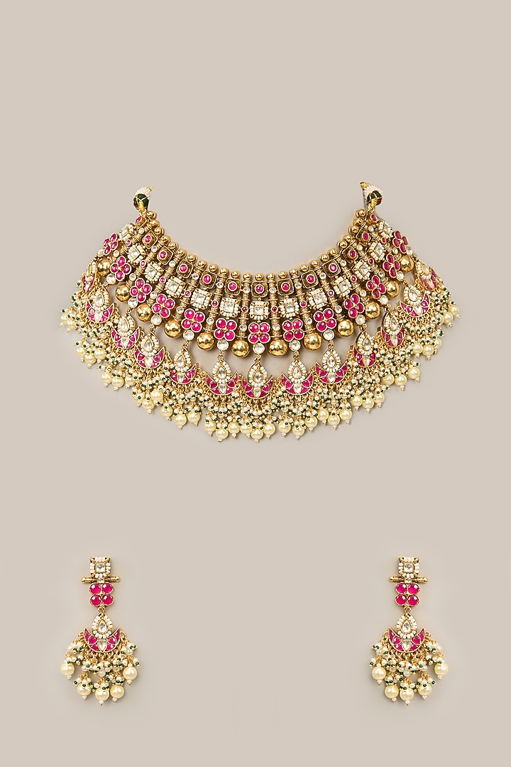 Gold Finish Multi-Colored Kundan Polki & Crystal Necklace Set by Aura Trends at Pernia's Pop Up Shop