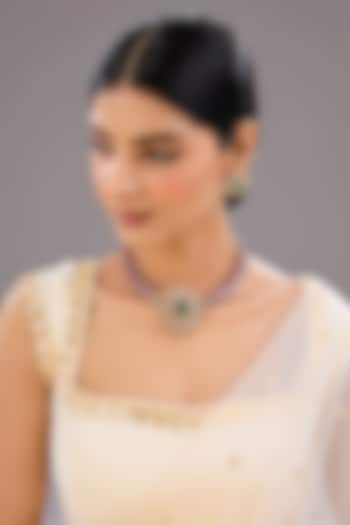 Gold Finish Purple Kundan Polki & Crystal Necklace Set by Auraa Trends at Pernia's Pop Up Shop