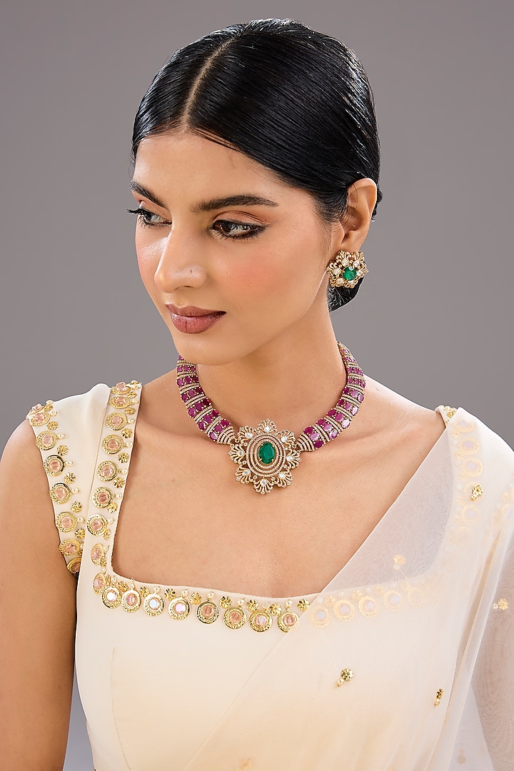 Gold Finish Purple Kundan Polki & Crystal Necklace Set by Auraa Trends at Pernia's Pop Up Shop