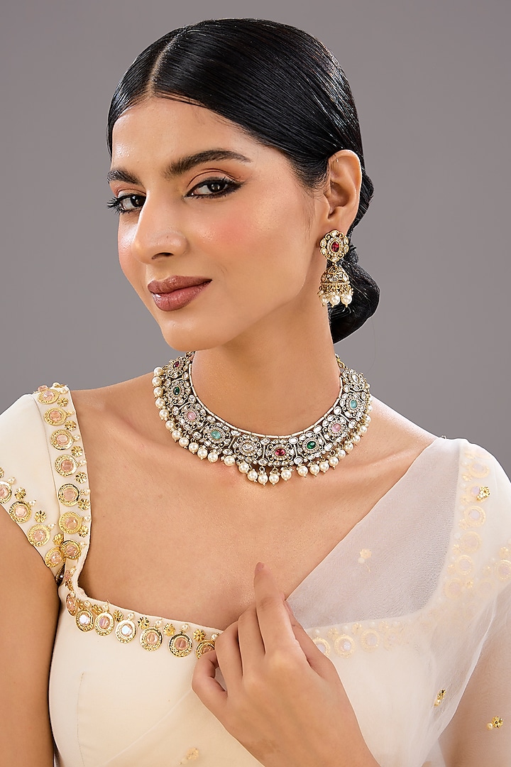 Gold Finish Kundan Polki Necklace Set by Auraa Trends at Pernia's Pop Up Shop