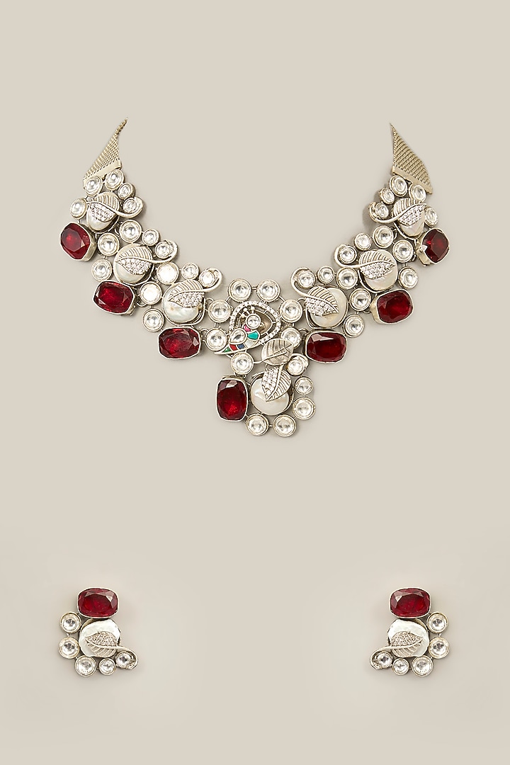 White Finish Diamond & Purple Stone Necklace Set by Aura Trends at Pernia's Pop Up Shop