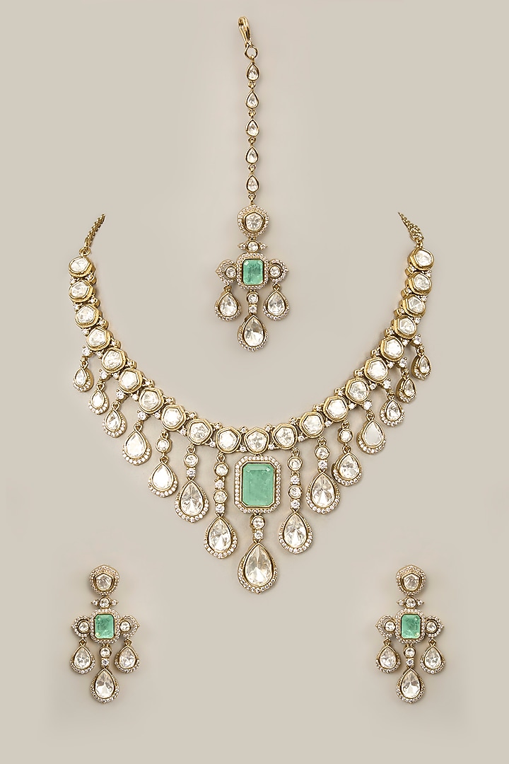 White Rhodium Finish Zircon & Blue Stone Necklace Set by Aura Trends at Pernia's Pop Up Shop
