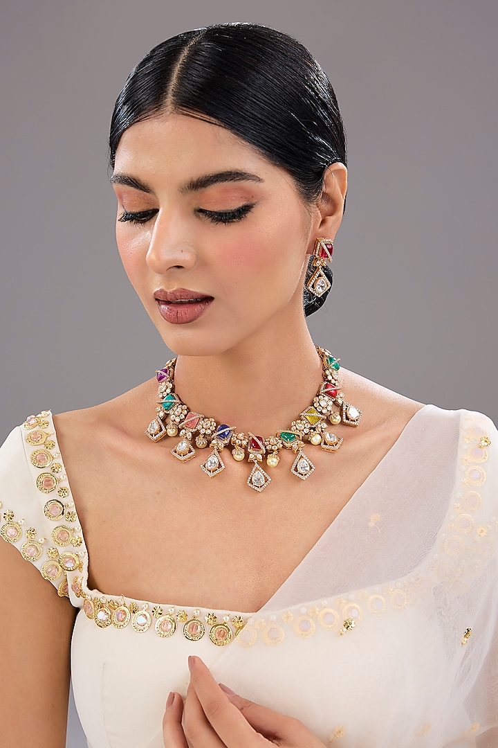 Gold Finish Kundan Polki & Green Stone Necklace Set by Auraa Trends