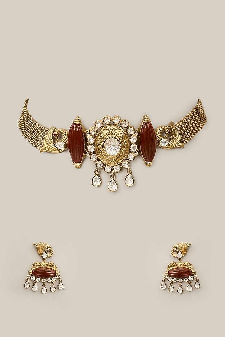 Gold Plated Kundan Polki & Brown Stone Necklace Set by Aura Trends at Pernia's Pop Up Shop