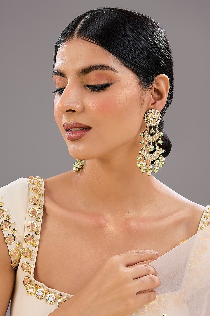 Gold Finish Kundan Polki & Pearl Dangler Earrings by Auraa Trends