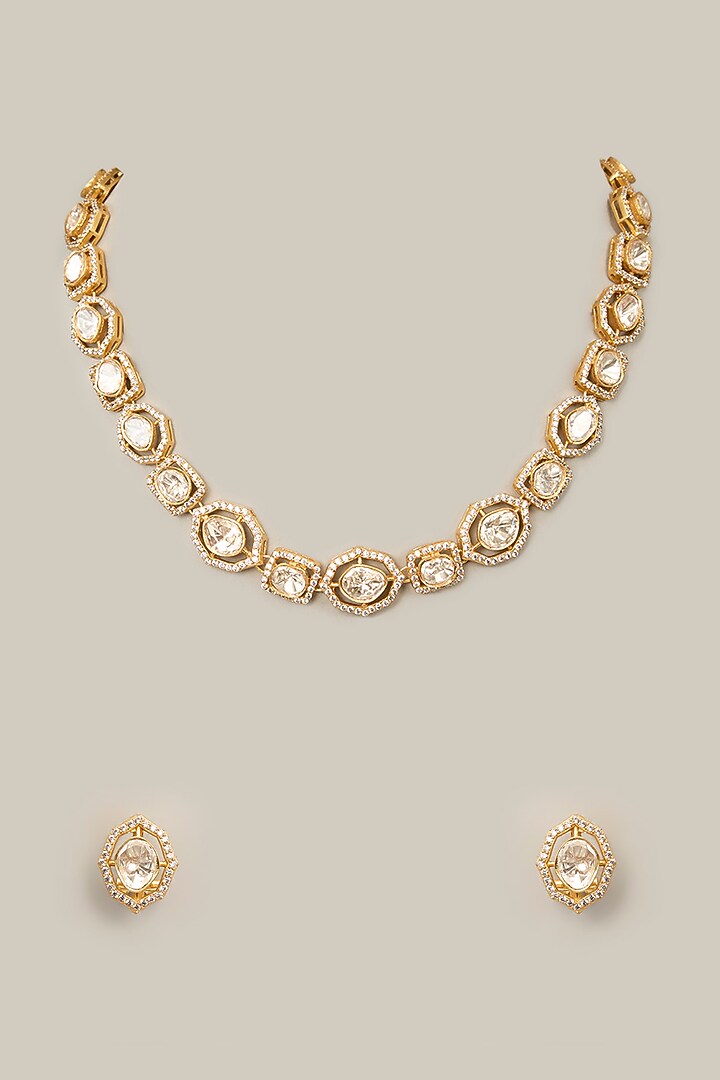 Black Rhodium Finish Kundan Polki & Pearl Necklace Set by Aura Trends at Pernia's Pop Up Shop