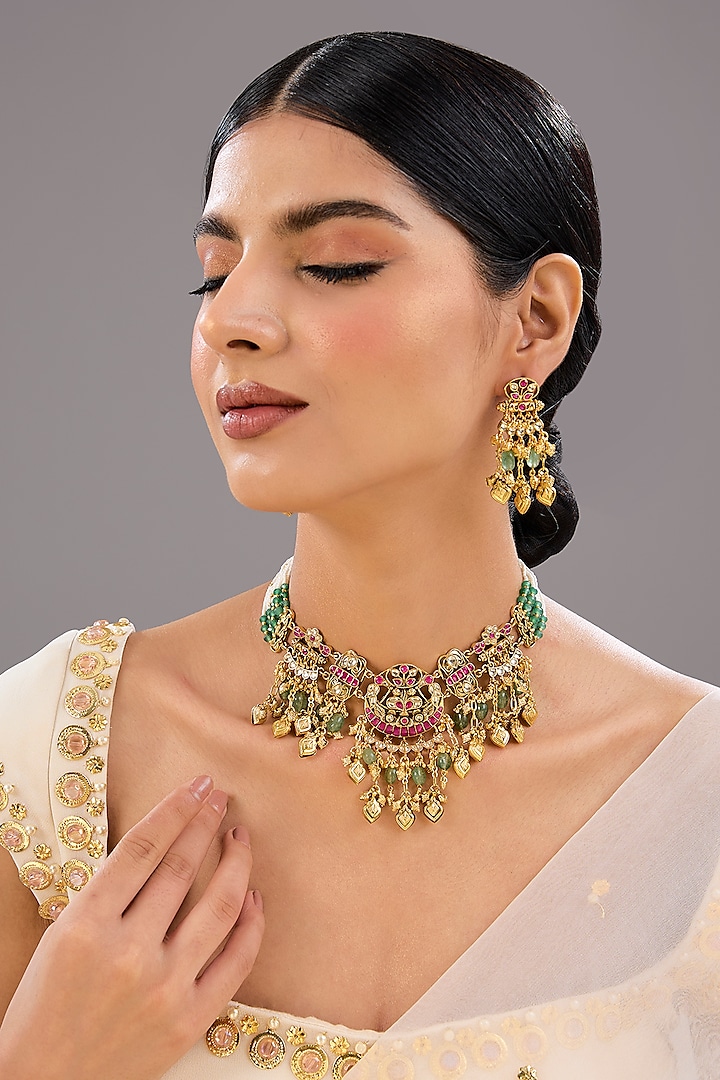 Gold Finish Green Crystal & Pearl Necklace Set by Auraa Trends