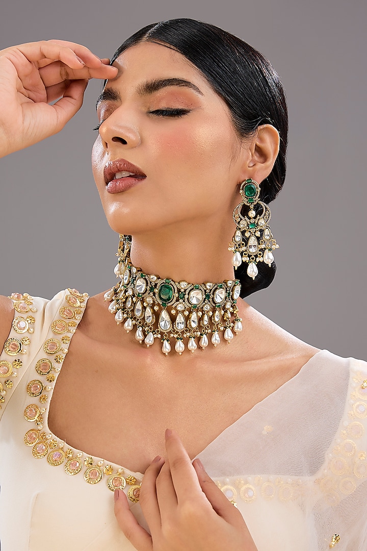 Gold Finish Pearl & Green Stone Necklace Set by Auraa Trends