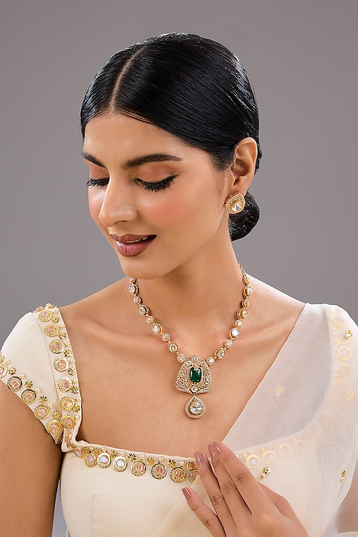 Gold Finish Kundan Polki & Green Stone Necklace Set by Auraa Trends