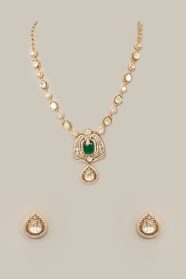 Gold Finish Kundan Polki & Green Stone Necklace Set by Aura Trends at Pernia's Pop Up Shop