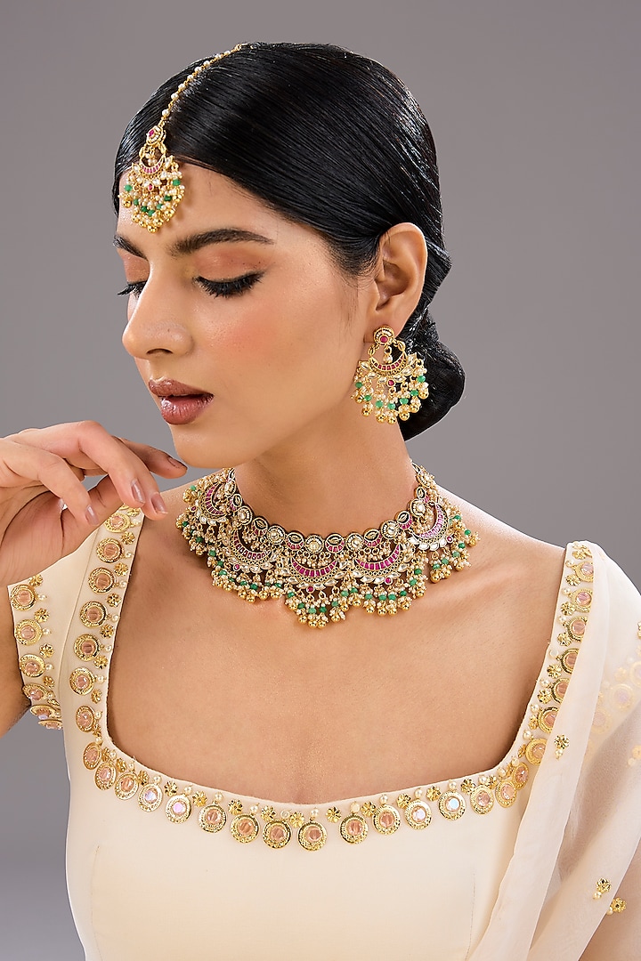 Gold Finish Multi-Colored Kundan Polki & Crystal Necklace Set by Auraa Trends