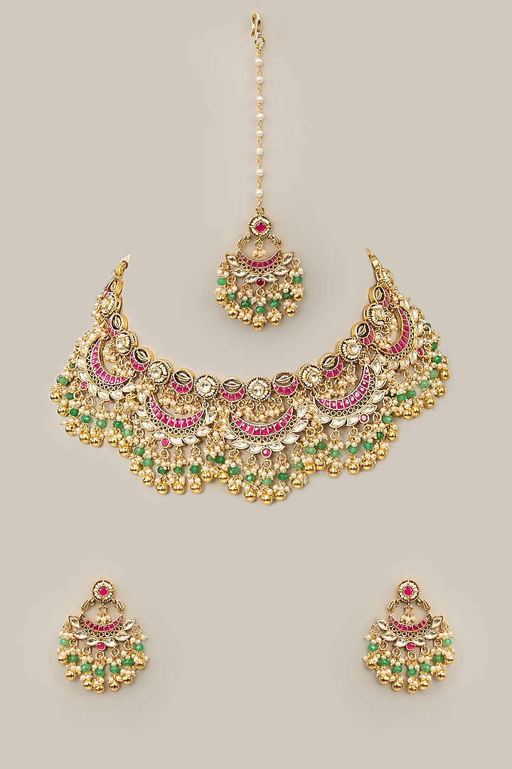 Gold Finish Multi-Colored Kundan Polki & Crystal Necklace Set by Aura Trends at Pernia's Pop Up Shop