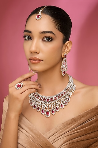 White Finish American Diamond & Ruby Stone  Maangtikka by Aura Trends