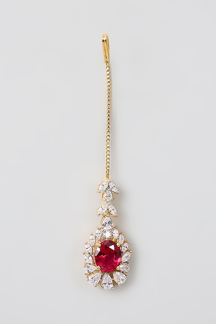 White Finish American Diamond & Ruby Stone Maangtikka by Aura Trends at Pernia's Pop Up Shop